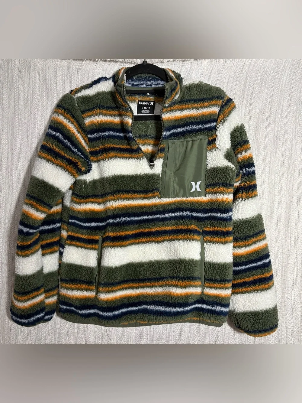 Hurley Olive, White, Navy & Orange Striped Sherpa Half-Zip Pullover